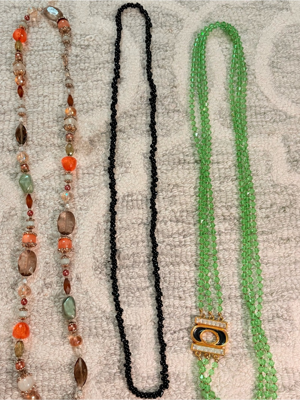 Vintage Beaded Necklace Lot 3 Green Crystal Black Seed Bead Boho 22”